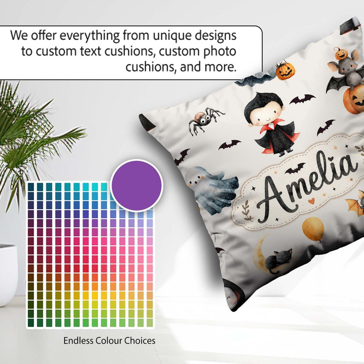 Custom Name Halloween Vampire Ghost Bats Spooky Cream Background Square Filled Cushion Throw Pillow Sofa Bed Home Decor Zip Washable UK Made