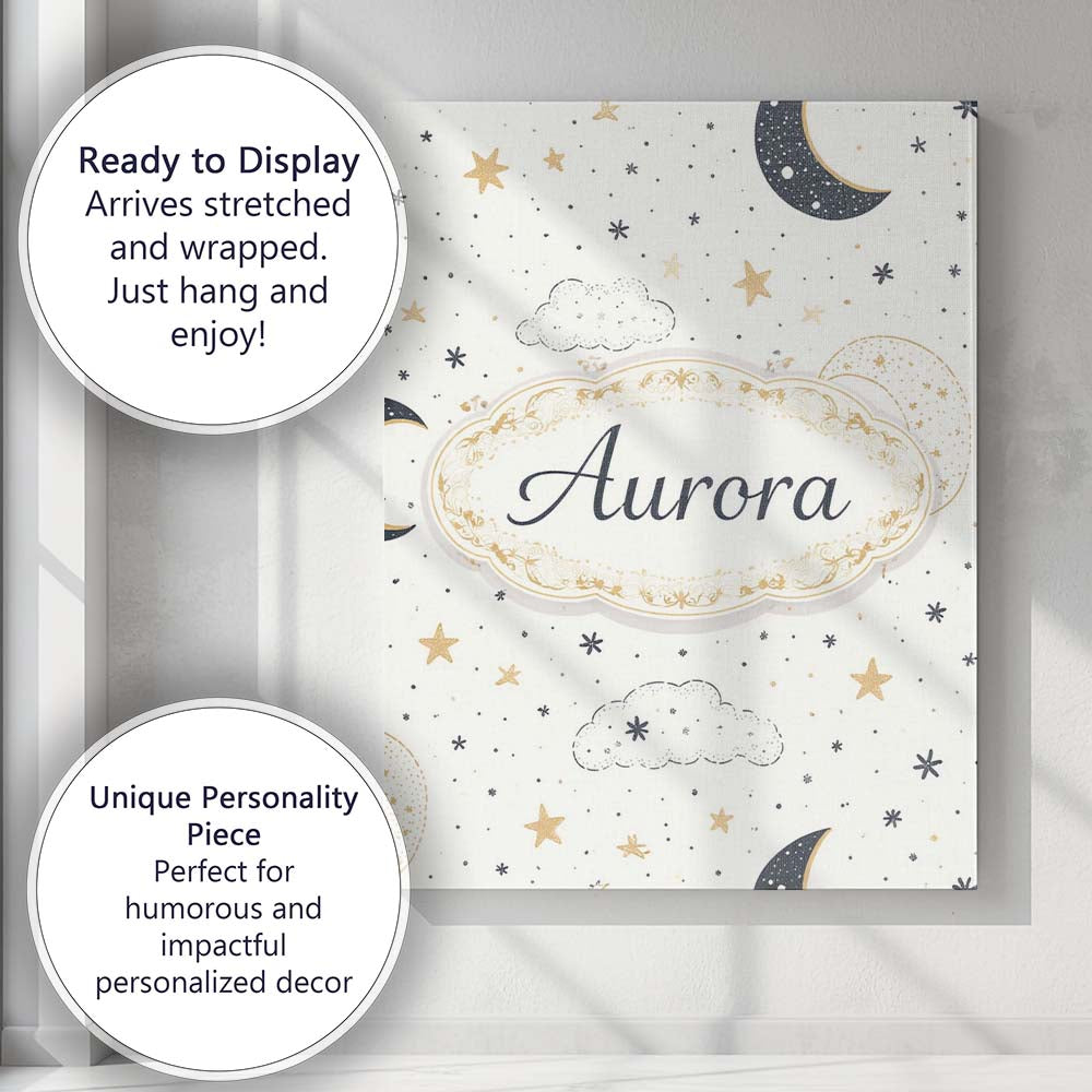Personalised Name Cute Moon Stars Clouds Nursery Neutral Seamless Custom Bespoke Canvas Wall Art Print Decor Picture Ready to Hang