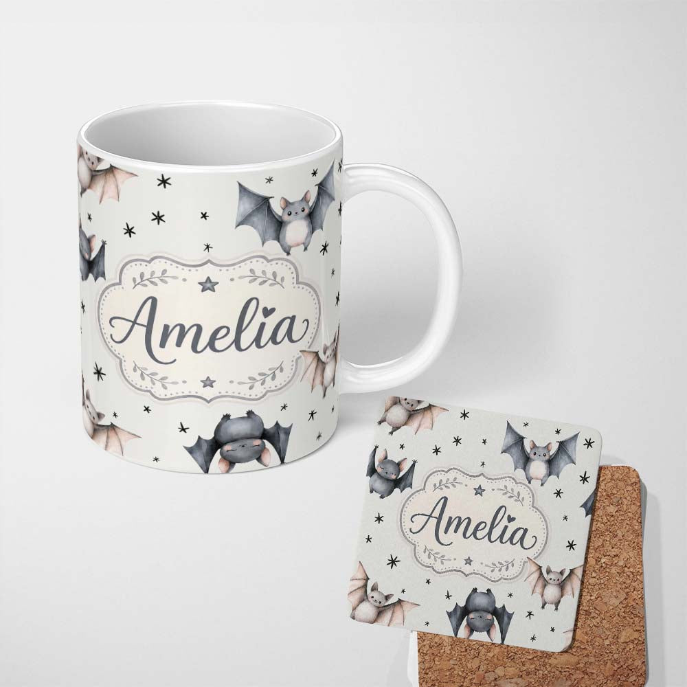 Personalized Custom Name Cute Baby Bats Flying with Stars Soft Grey Background Seamless 11oz Ceramic Coffee Tea Mug White Large Handle