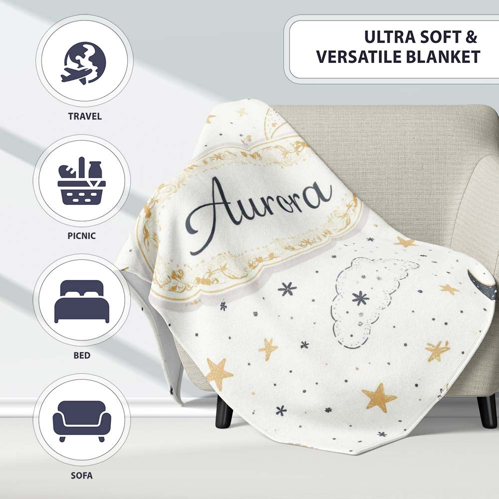 Cute Moon Stars Clouds Nursery Neutral Seamless Pattern Lovely Personalised Custom Name Super Soft Fleece Blanket Bed Sofa Throw