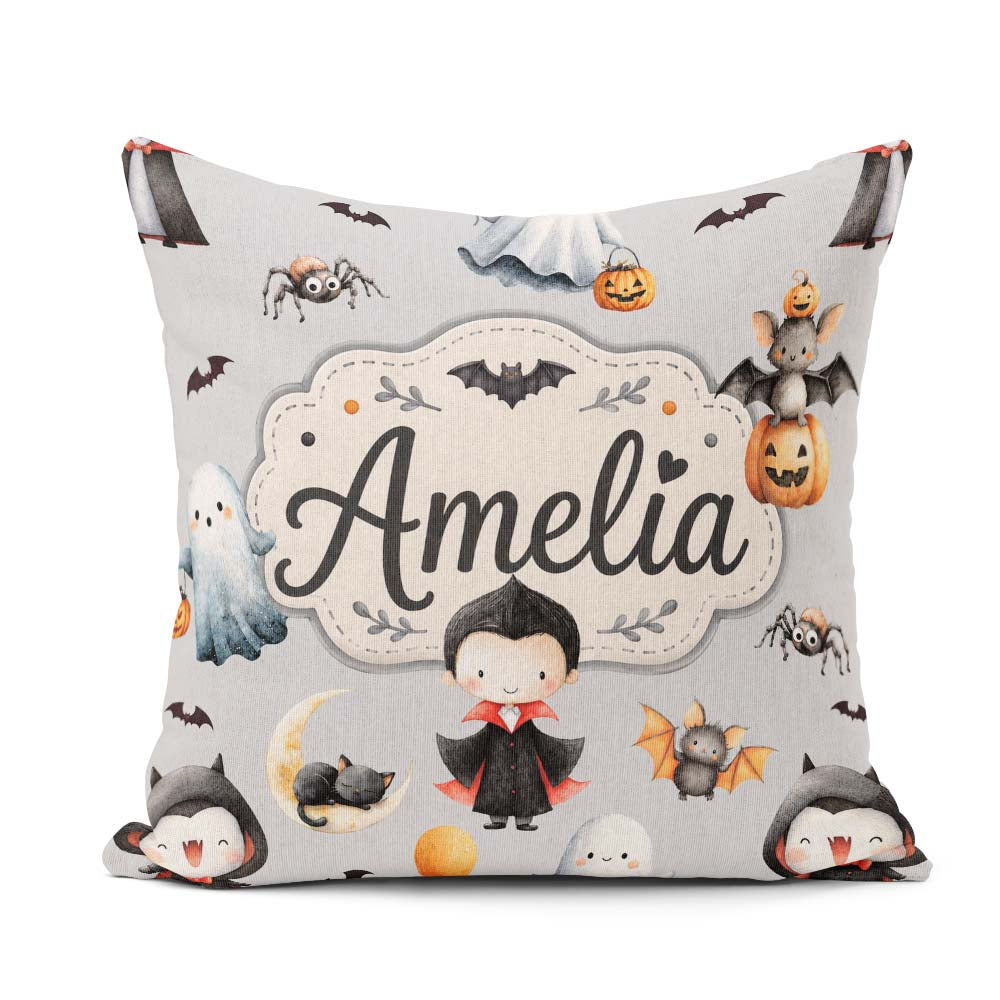 Custom Name Halloween Ghost Bats Spooky Grey Background Seamless Square Filled Cushion Throw Pillow Sofa Bed Home Decor Zip Washable UK Made