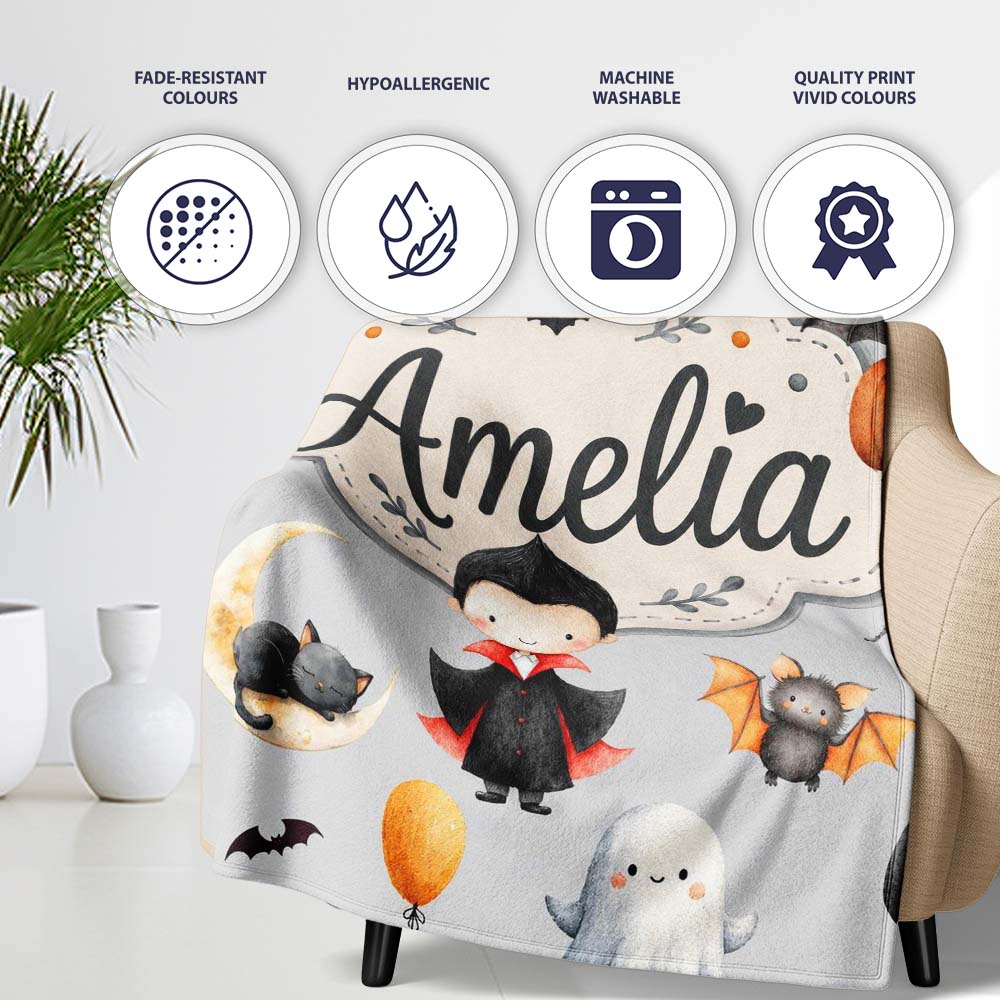 Cute Halloween Vampire Ghost Bats Spooky Grey Background Seamless Personalised Custom Name Super Soft Fleece Blanket Bed Sofa Throw