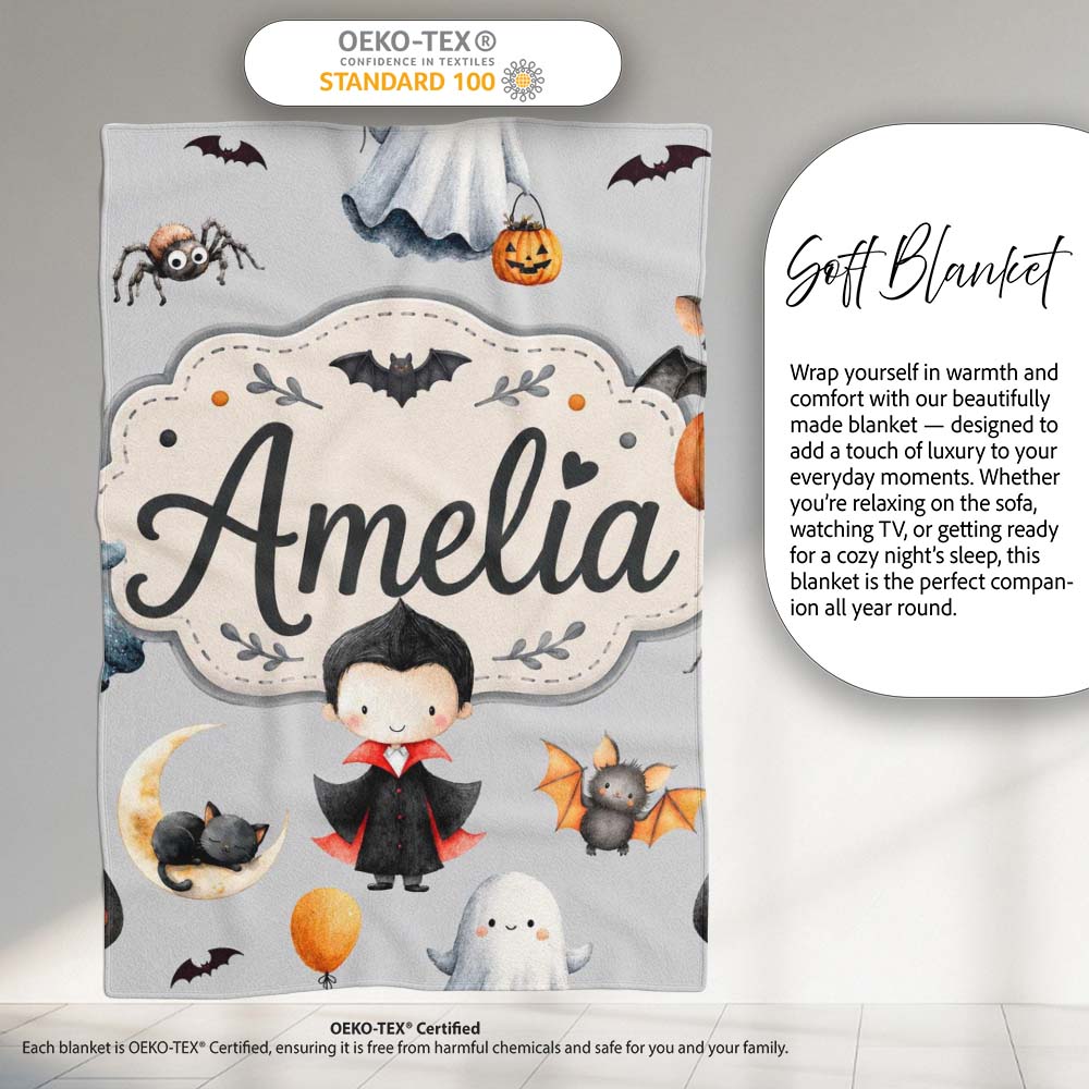 Cute Halloween Vampire Ghost Bats Spooky Grey Background Seamless Personalised Custom Name Super Soft Fleece Blanket Bed Sofa Throw