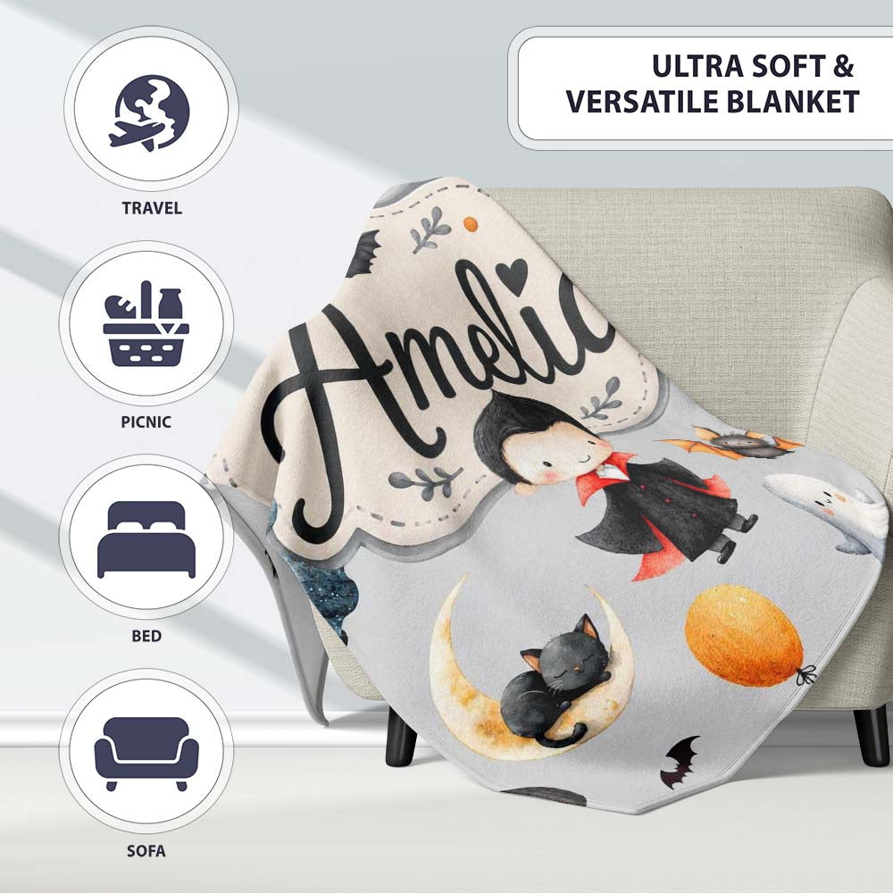Cute Halloween Vampire Ghost Bats Spooky Grey Background Seamless Personalised Custom Name Super Soft Fleece Blanket Bed Sofa Throw