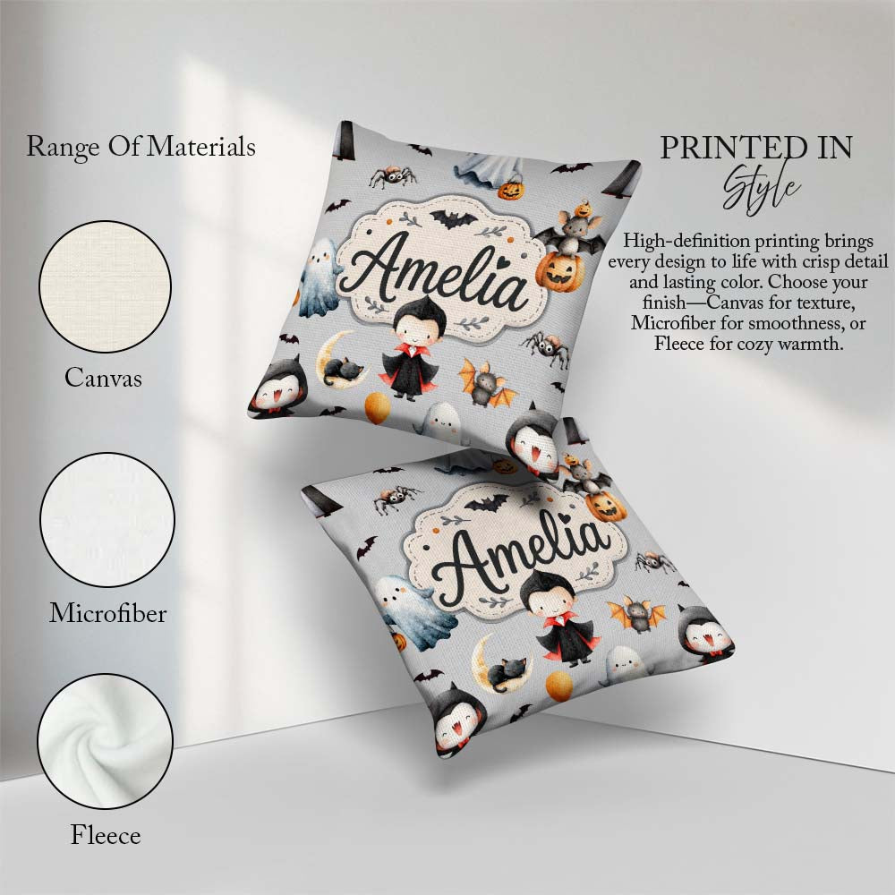 Custom Name Halloween Ghost Bats Spooky Grey Background Seamless Square Filled Cushion Throw Pillow Sofa Bed Home Decor Zip Washable UK Made
