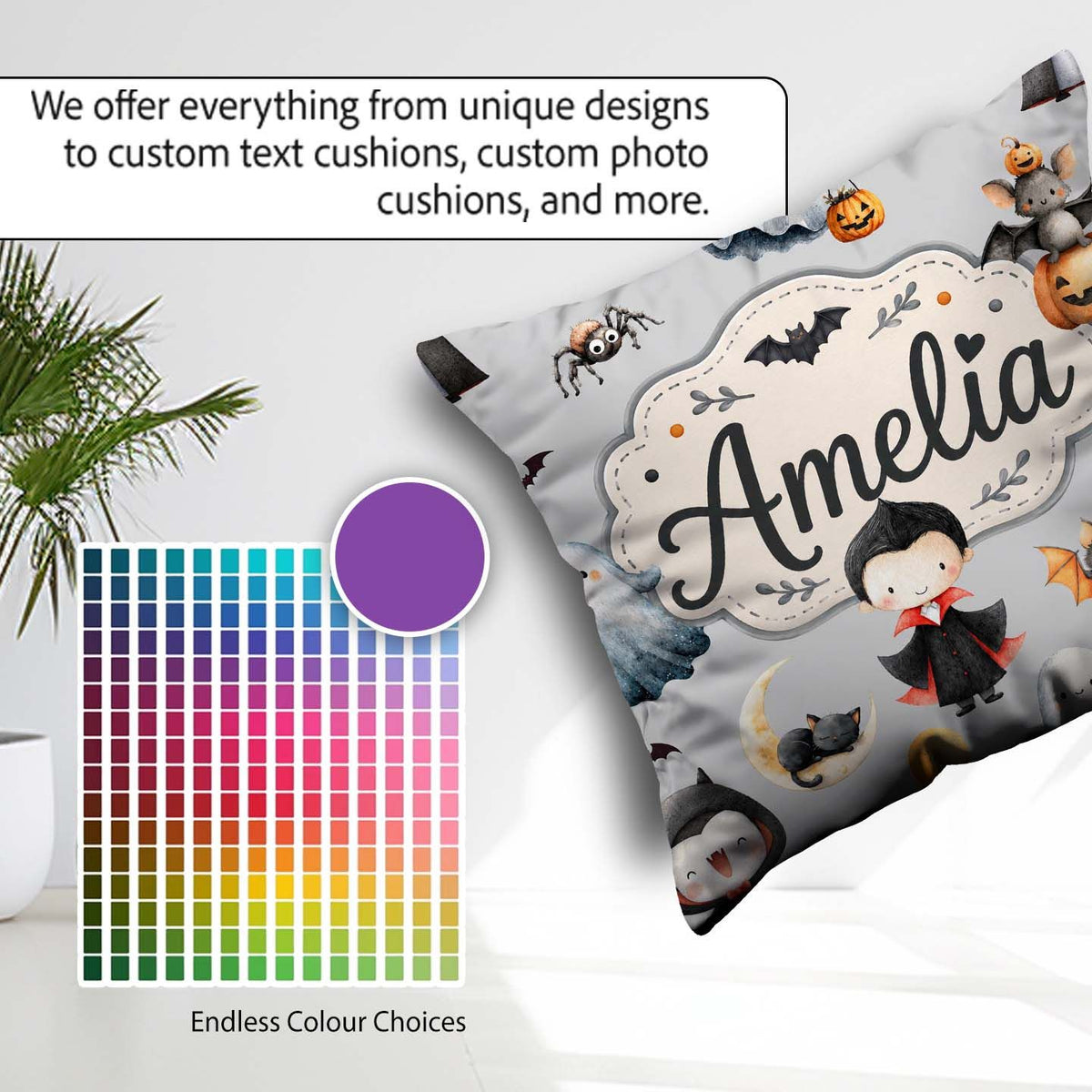 Custom Name Halloween Ghost Bats Spooky Grey Background Seamless Square Filled Cushion Throw Pillow Sofa Bed Home Decor Zip Washable UK Made
