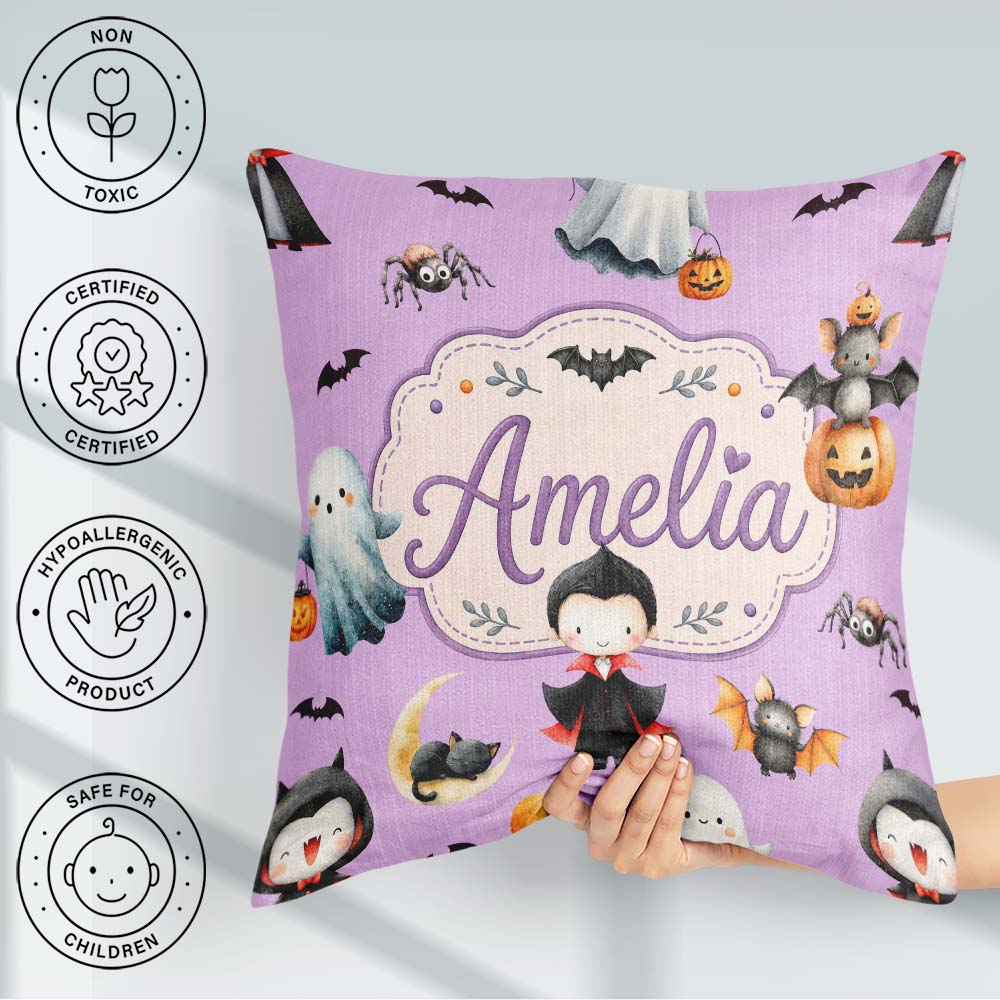 Custom Name Halloween Ghost Bat Spooky Character Purple Seamless Square Filled Cushion Throw Pillow Sofa Bed Home Decor Zip Washable UK Made