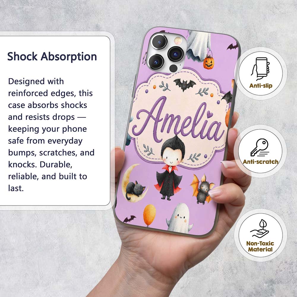 Halloween Vampire Ghost Bat Spooky Character Custom Name Protective Phone Case Mobile Cover Durable Everyday Smartphone Shock Resistant