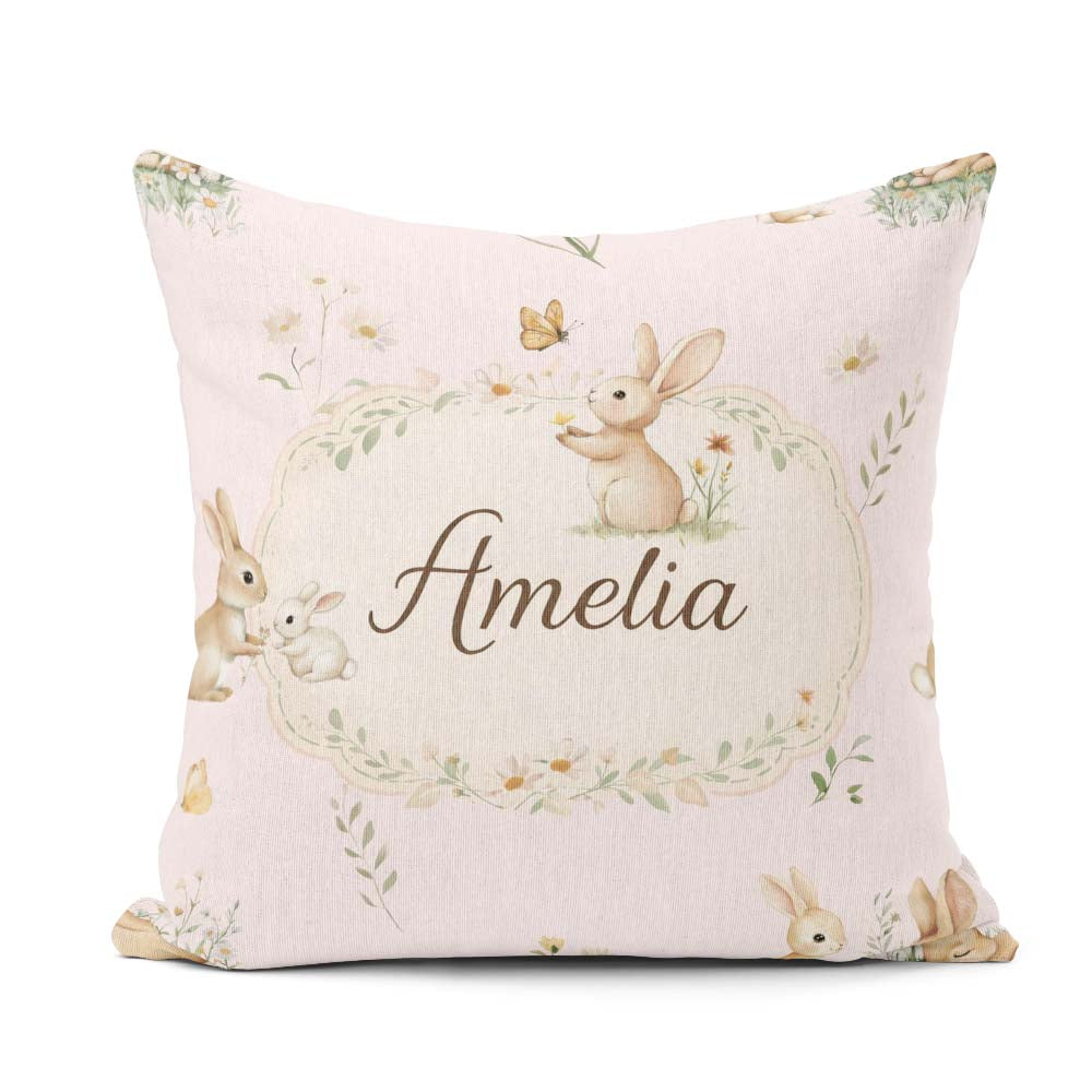 Custom Name Cute Bunny with Carrot Blue Check Background Pattern Square Filled Cushion Throw Pillow Sofa Bed Home Decor Zip Washable UK Made