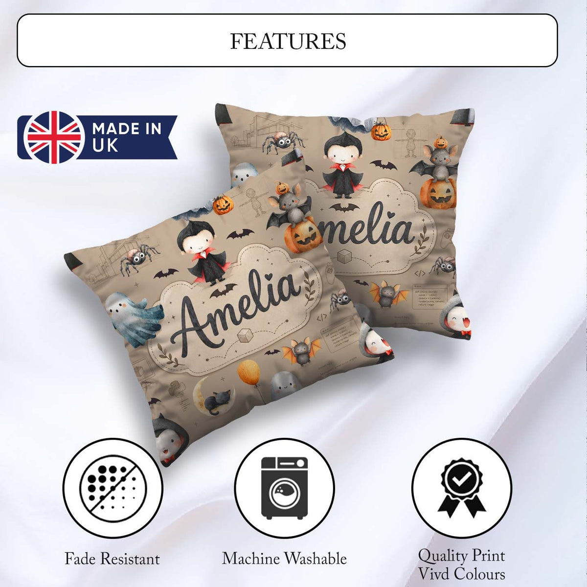Custom Name Halloween Vampire Ghost Bat Character Taupe Seamless Square Filled Cushion Throw Pillow Sofa Bed Home Decor Zip Washable UK Made