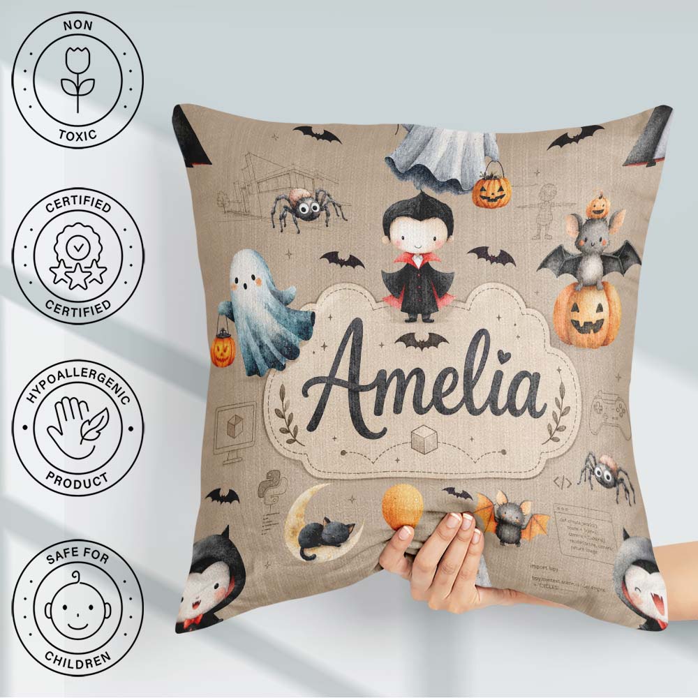Custom Name Halloween Vampire Ghost Bat Character Taupe Seamless Square Filled Cushion Throw Pillow Sofa Bed Home Decor Zip Washable UK Made