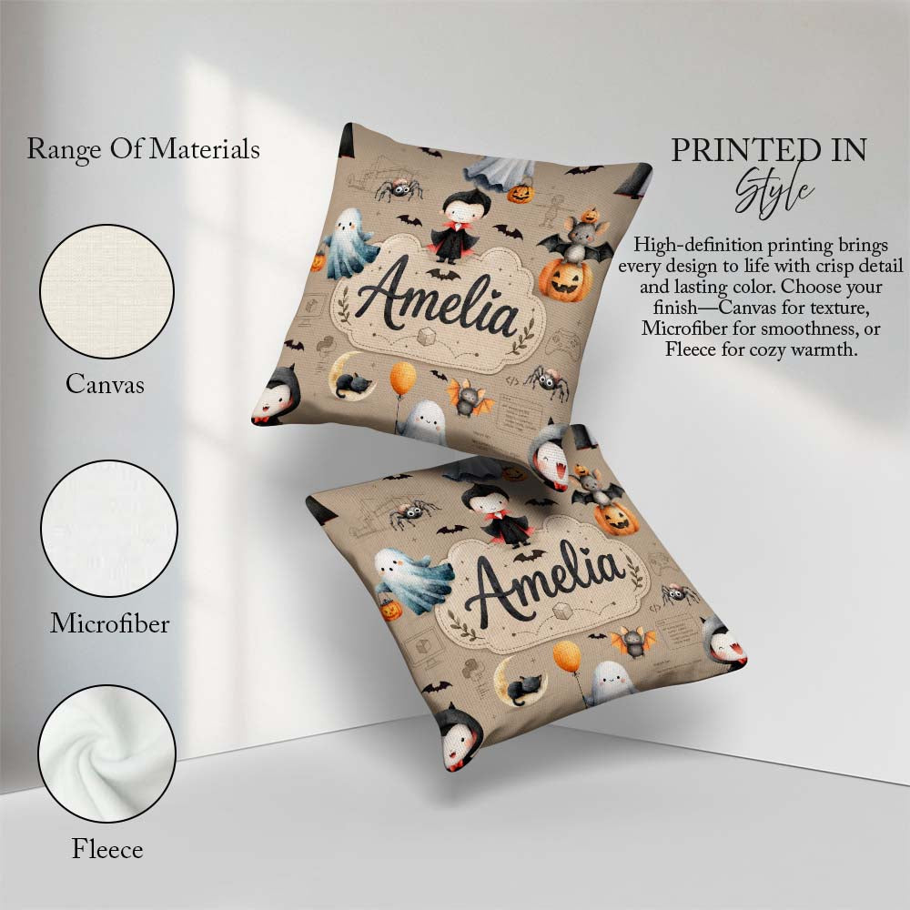 Custom Name Halloween Vampire Ghost Bat Character Taupe Seamless Square Filled Cushion Throw Pillow Sofa Bed Home Decor Zip Washable UK Made