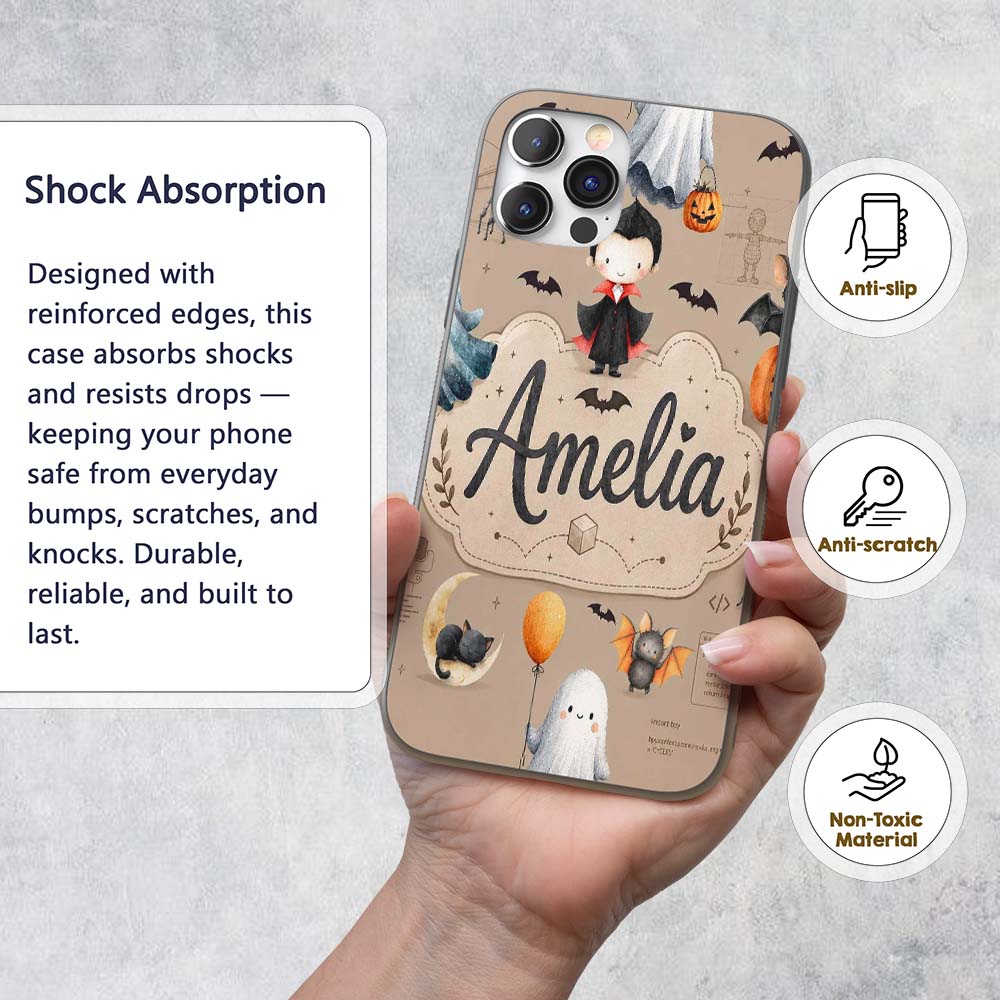 Halloween Vampire Ghost Bat Spooky Character Custom Name Protective Phone Case Mobile Cover Durable Everyday Smartphone Shock Resistant