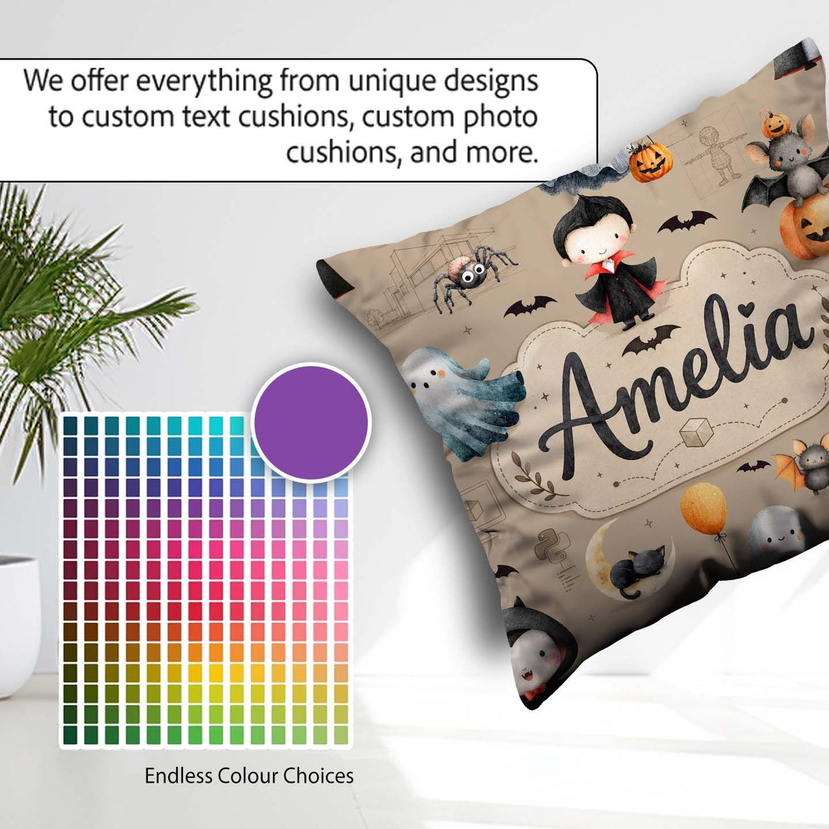 Custom Name Halloween Vampire Ghost Bat Character Taupe Seamless Square Filled Cushion Throw Pillow Sofa Bed Home Decor Zip Washable UK Made