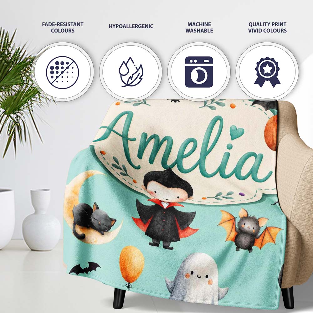Halloween Vampire Ghost Bats Spooky Characters Mint Green Seamless Personalised Custom Name Super Soft Fleece Blanket Bed Sofa Throw