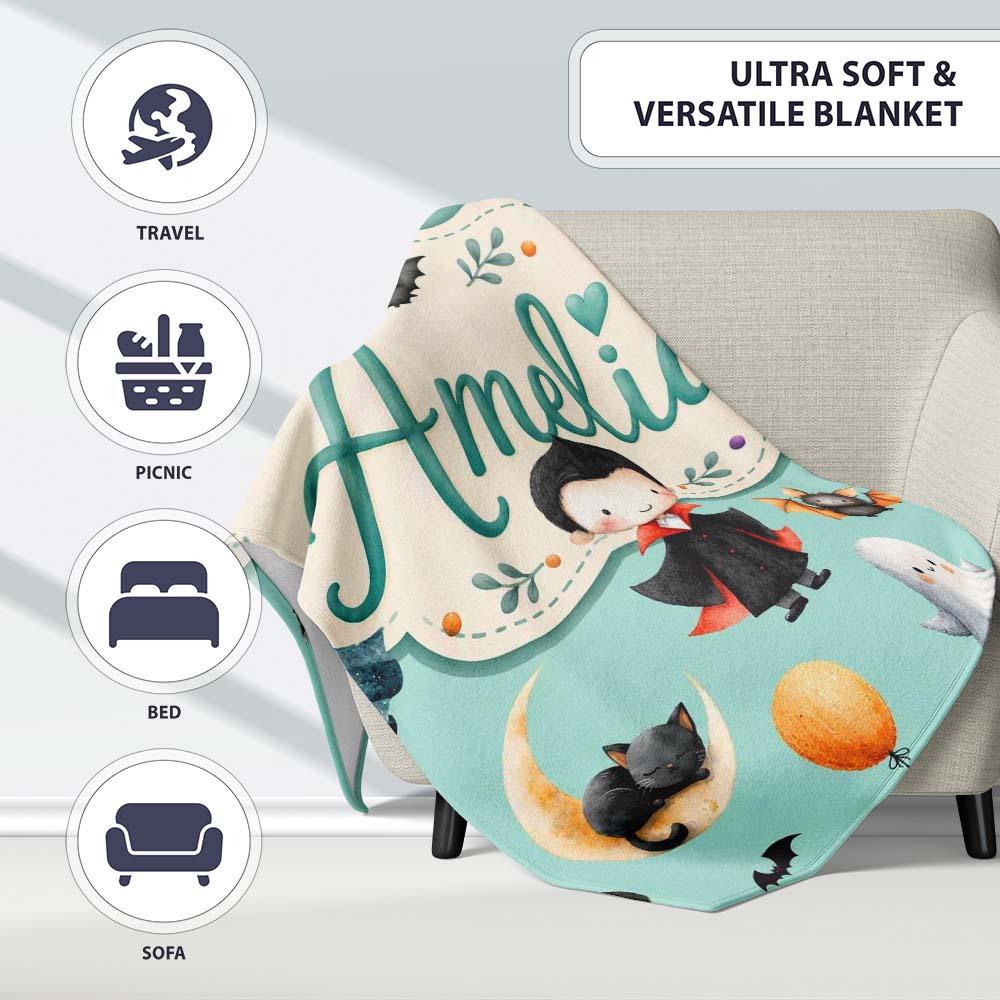 Halloween Vampire Ghost Bats Spooky Characters Mint Green Seamless Personalised Custom Name Super Soft Fleece Blanket Bed Sofa Throw