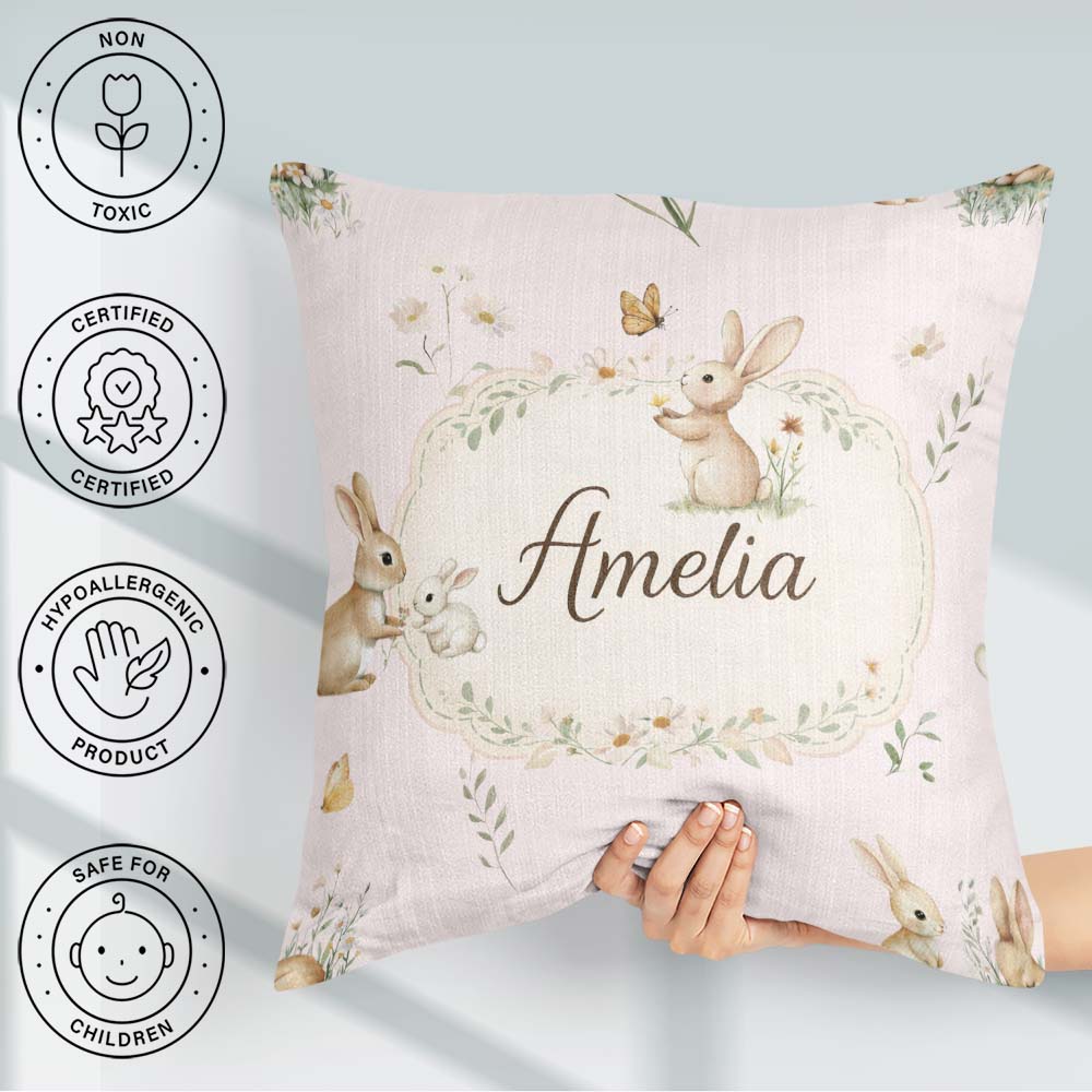 Custom Name Cute Bunny with Carrot Blue Check Background Pattern Square Filled Cushion Throw Pillow Sofa Bed Home Decor Zip Washable UK Made