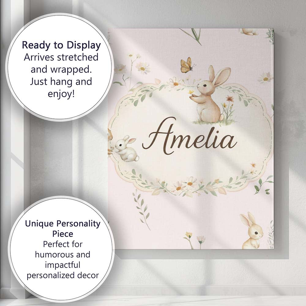 Personalised Name Cute Bunny with Carrot Blue Check Background Custom Modern Room Accent Canvas Wall Art Print Decor Picture Ready to Hang