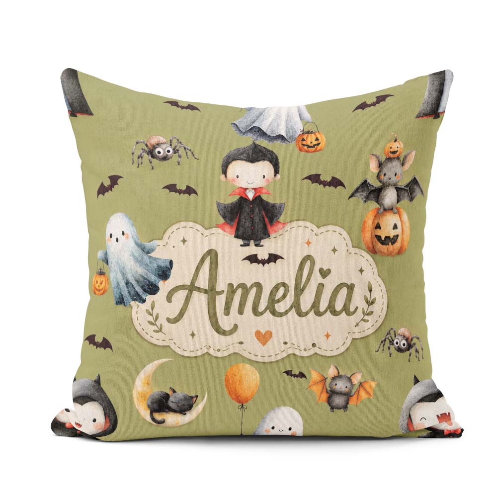 Custom Name Halloween Vampire Ghost Bats Spooky Characters Olive Square Filled Cushion Throw Pillow Sofa Bed Home Decor Zip Washable UK Made