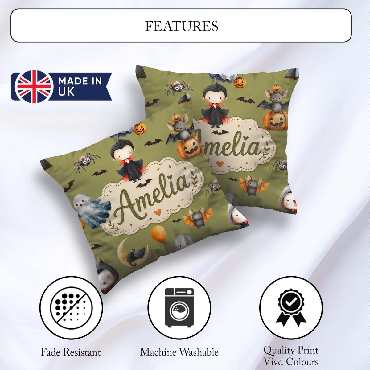 Custom Name Halloween Vampire Ghost Bats Spooky Characters Olive Square Filled Cushion Throw Pillow Sofa Bed Home Decor Zip Washable UK Made