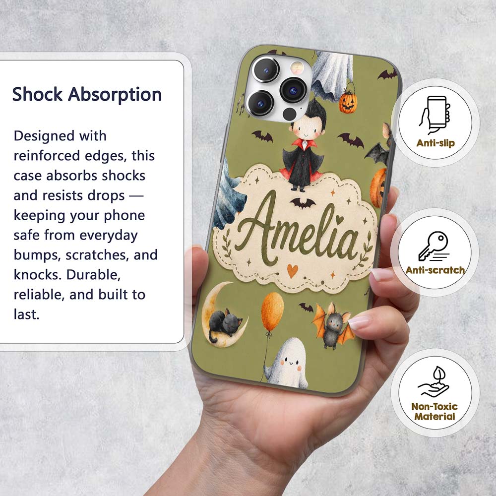 Halloween Vampire Ghost Bats Spooky Characters Custom Name Protective Phone Case Mobile Cover Durable Everyday Smartphone Shock Resistant