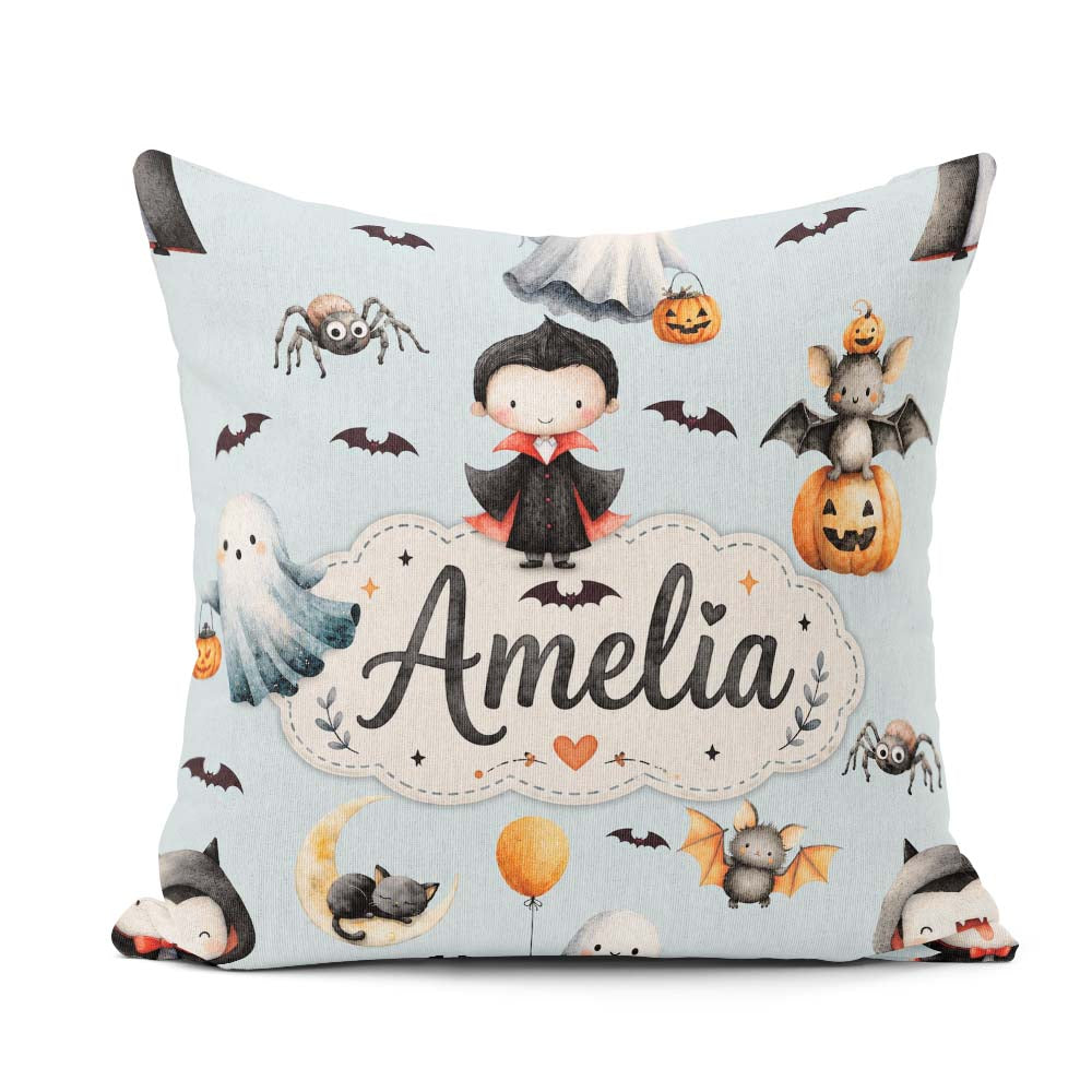 Custom Name Halloween Ghost Bats Spooky Characters Pale Seamless Square Filled Cushion Throw Pillow Sofa Bed Home Decor Zip Washable UK Made