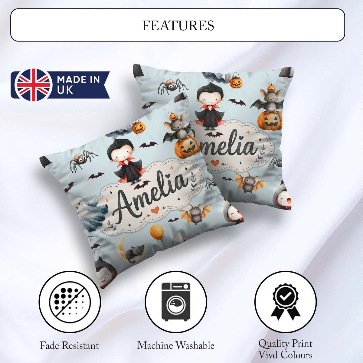 Custom Name Halloween Ghost Bats Spooky Characters Pale Seamless Square Filled Cushion Throw Pillow Sofa Bed Home Decor Zip Washable UK Made