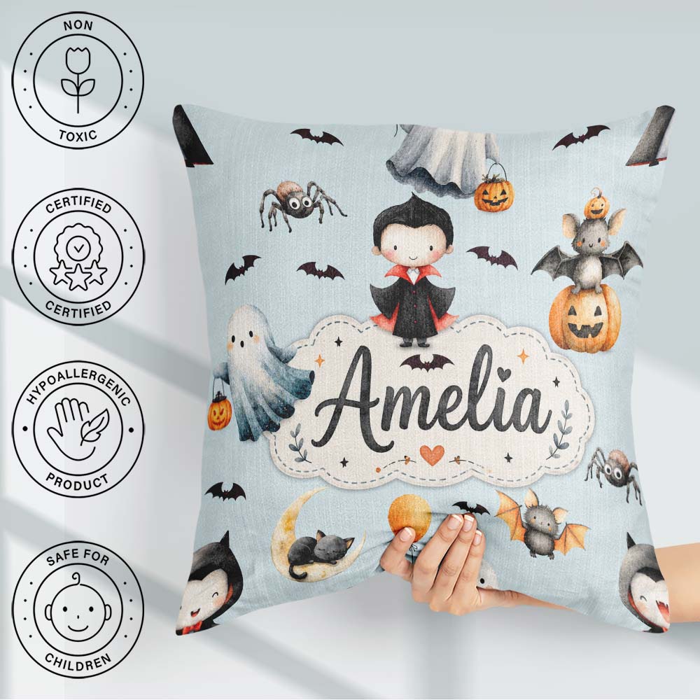 Custom Name Halloween Ghost Bats Spooky Characters Pale Seamless Square Filled Cushion Throw Pillow Sofa Bed Home Decor Zip Washable UK Made