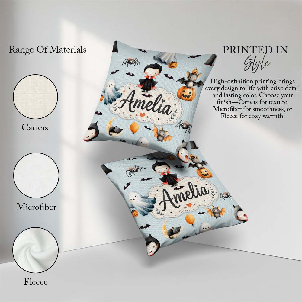 Custom Name Halloween Ghost Bats Spooky Characters Pale Seamless Square Filled Cushion Throw Pillow Sofa Bed Home Decor Zip Washable UK Made