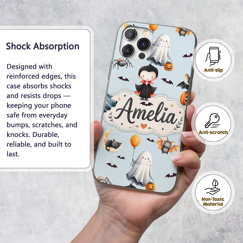 Halloween Vampire Ghost Bats Spooky Characters Custom Name Protective Phone Case Mobile Cover Durable Everyday Smartphone Shock Resistant