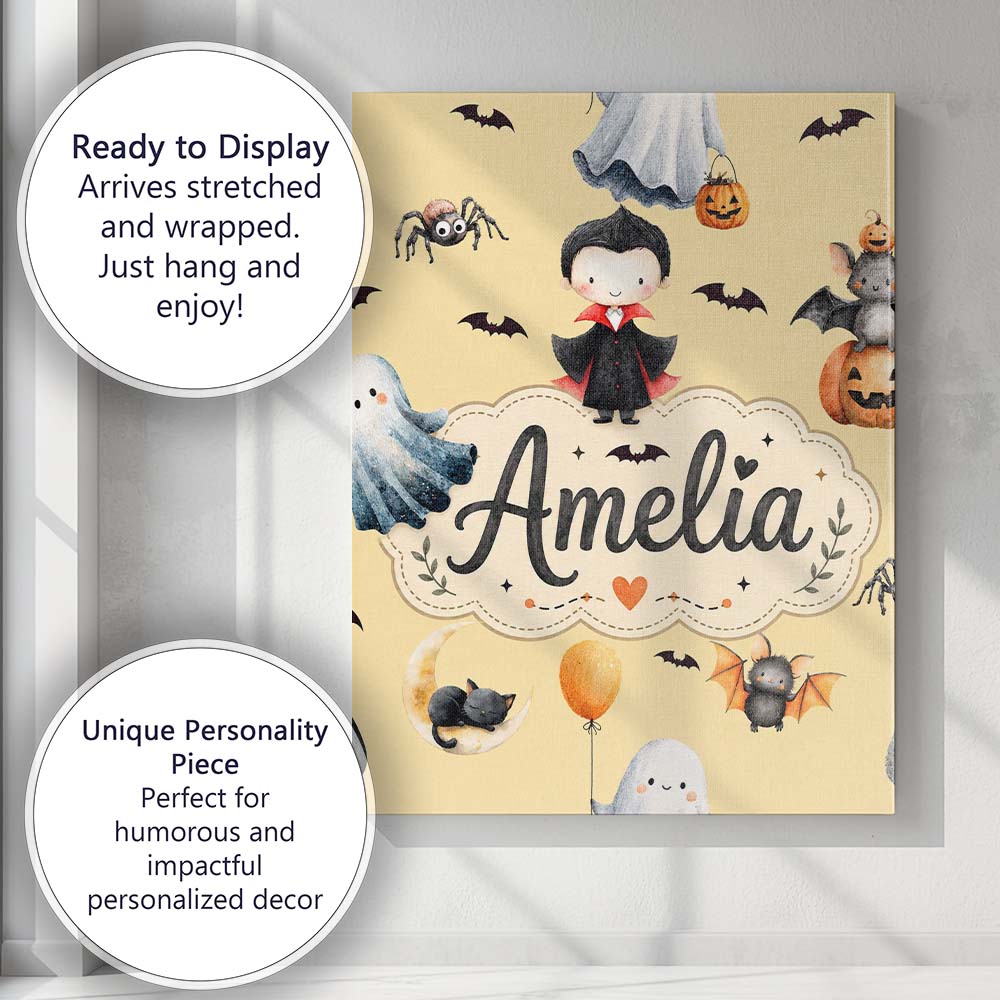 Personalised Name Halloween Vampire Ghost Custom Unique Gift Idea Elegant Feature Canvas Wall Art Print Decor Picture Ready to Hang