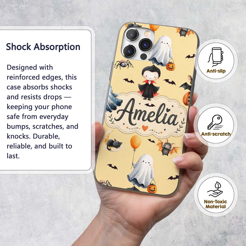 Halloween Vampire Ghost Bats Spooky Characters Custom Name Protective Phone Case Mobile Cover Durable Everyday Smartphone Shock Resistant