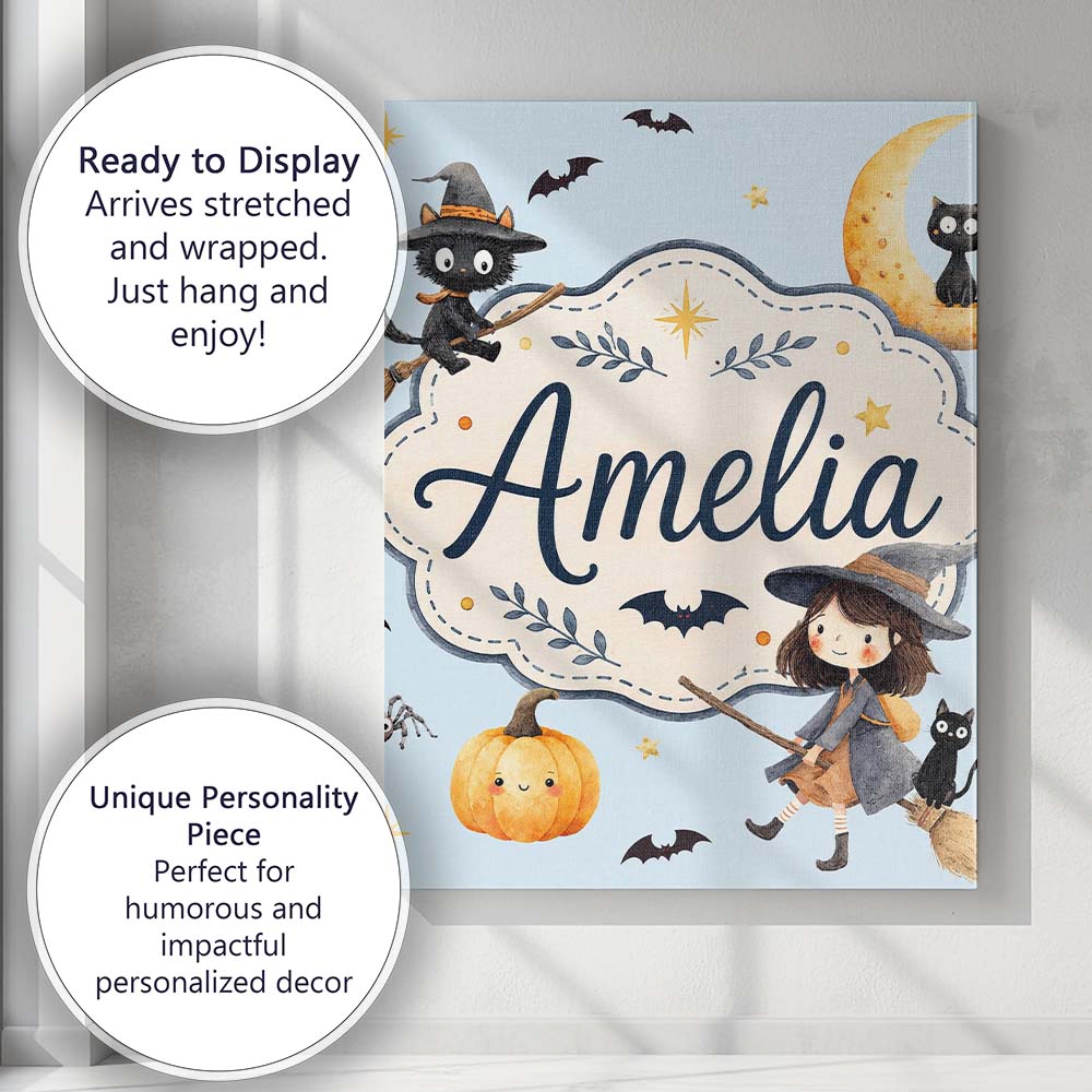 Personalised Name Halloween Witch Cats Moon Custom Bespoke Interior Contemporary Canvas Wall Art Print Decor Picture Ready to Hang