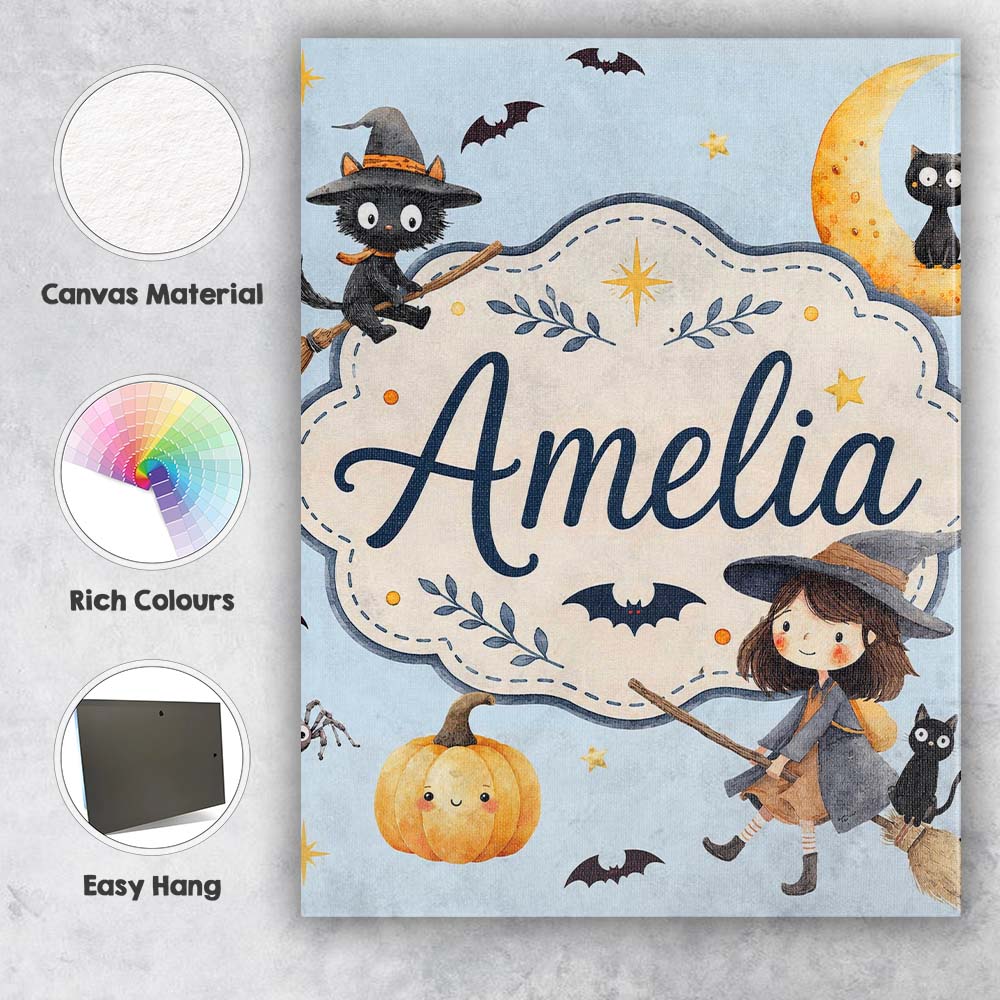 Personalised Name Halloween Witch Cats Moon Custom Bespoke Interior Contemporary Canvas Wall Art Print Decor Picture Ready to Hang