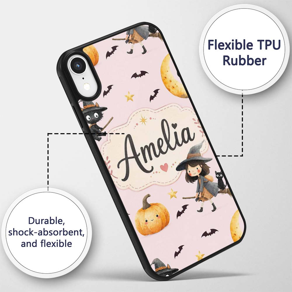 Halloween Witch Cat Moon Stars Spooky Night Pink Custom Name Protective Phone Case Mobile Cover Durable Everyday Smartphone Shock Resistant