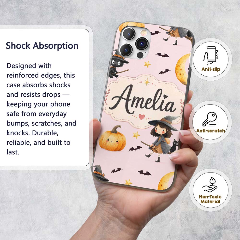 Halloween Witch Cat Moon Stars Spooky Night Pink Custom Name Protective Phone Case Mobile Cover Durable Everyday Smartphone Shock Resistant