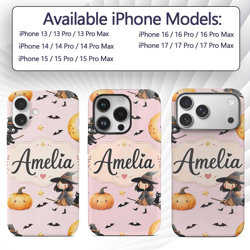 Halloween Witch Cat Moon Stars Spooky Night Pink Custom Name Protective Phone Case Mobile Cover Durable Everyday Smartphone Shock Resistant