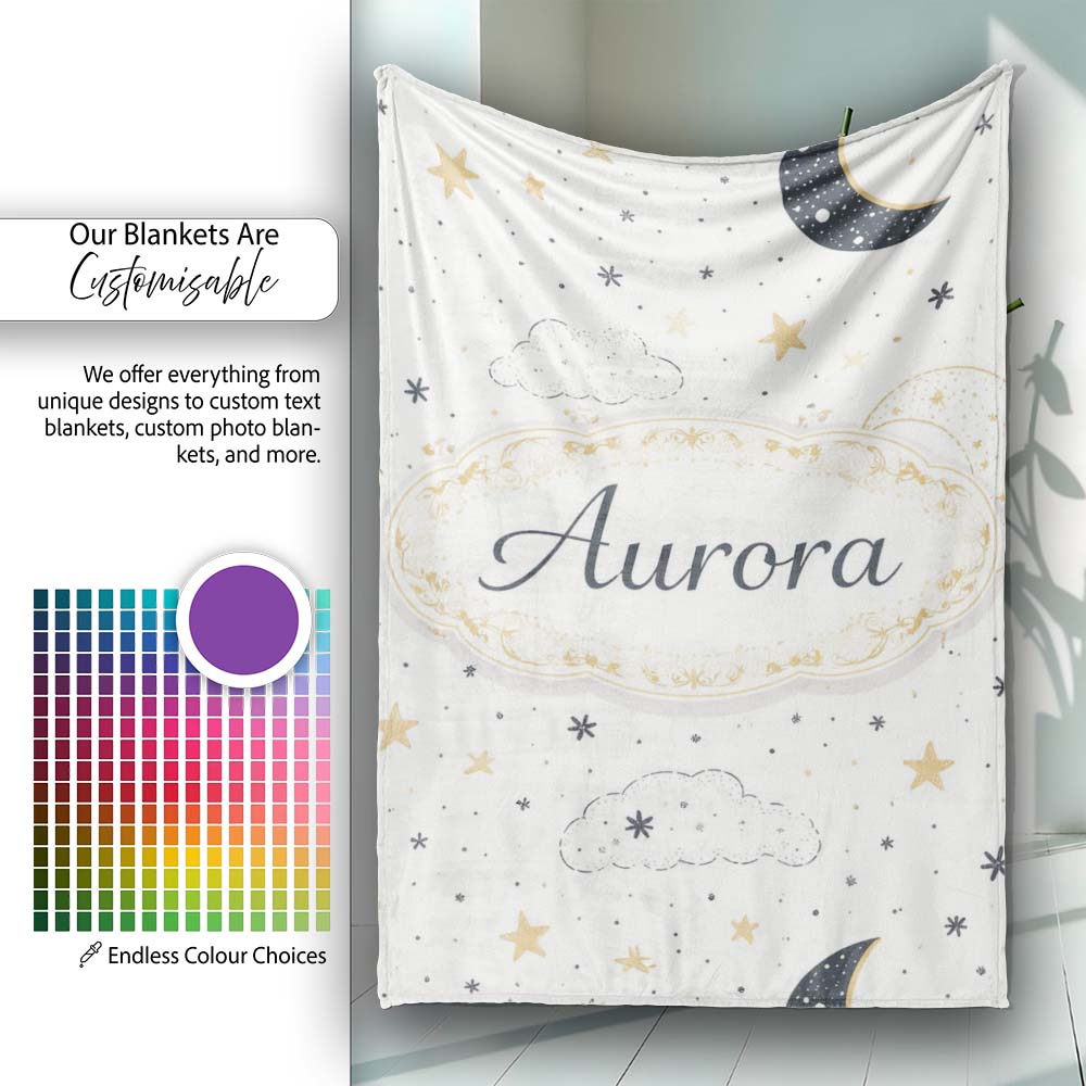 Cute Moon Stars Clouds Nursery Neutral Seamless Pattern Lovely Personalised Custom Name Super Soft Fleece Blanket Bed Sofa Throw