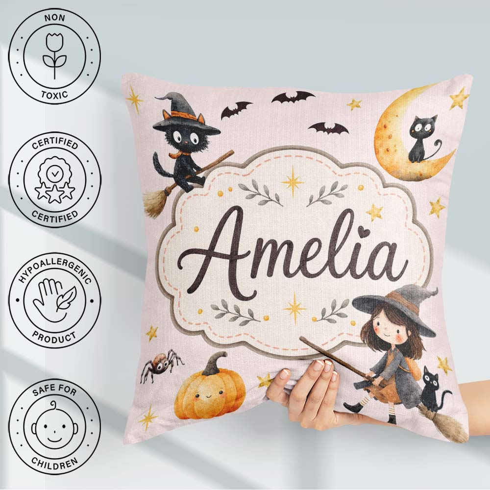 Custom Name Halloween Witch Cat Moon Stars Spooky Night Seamless Square Filled Cushion Throw Pillow Sofa Bed Home Decor Zip Washable UK Made