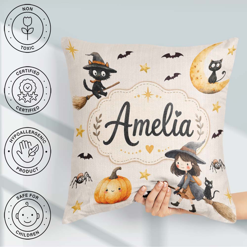 Custom Name Halloween Witch Cat Moon Stars Spooky Night Seamless Square Filled Cushion Throw Pillow Sofa Bed Home Decor Zip Washable UK Made