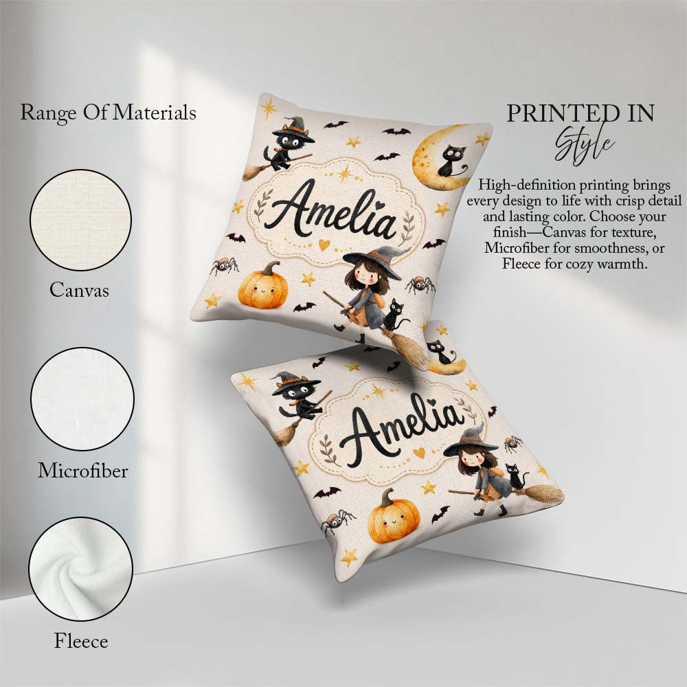 Custom Name Halloween Witch Cat Moon Stars Spooky Night Seamless Square Filled Cushion Throw Pillow Sofa Bed Home Decor Zip Washable UK Made
