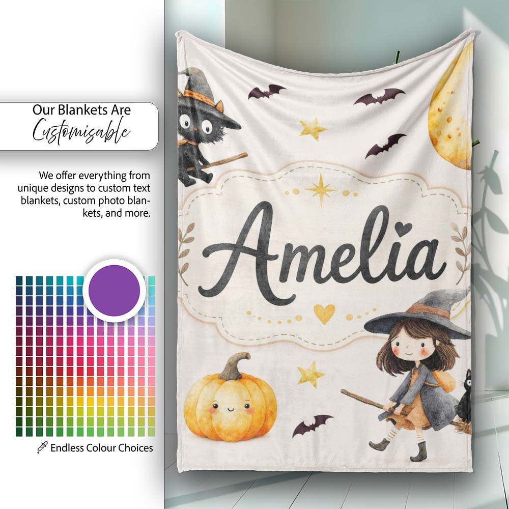 Halloween Witch Cat Moon Stars Spooky Night Beige Seamless Pattern Personalised Custom Name Super Soft Fleece Blanket Bed Sofa Throw