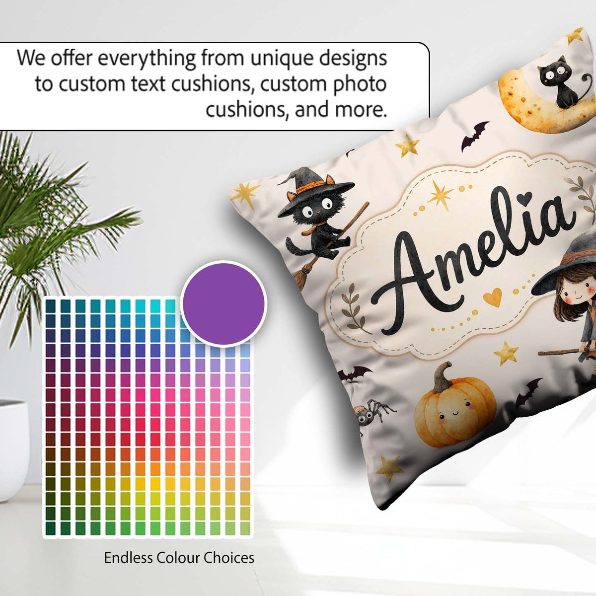 Custom Name Halloween Witch Cat Moon Stars Spooky Night Seamless Square Filled Cushion Throw Pillow Sofa Bed Home Decor Zip Washable UK Made