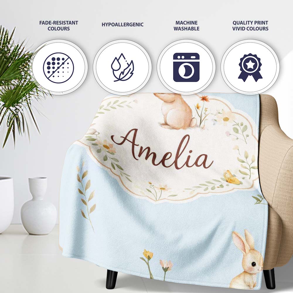 Watercolor Bunny Floral Meadow Seamless Pattern on Blush Background Personalised Custom Name Super Soft Fleece Blanket Bed Sofa Throw