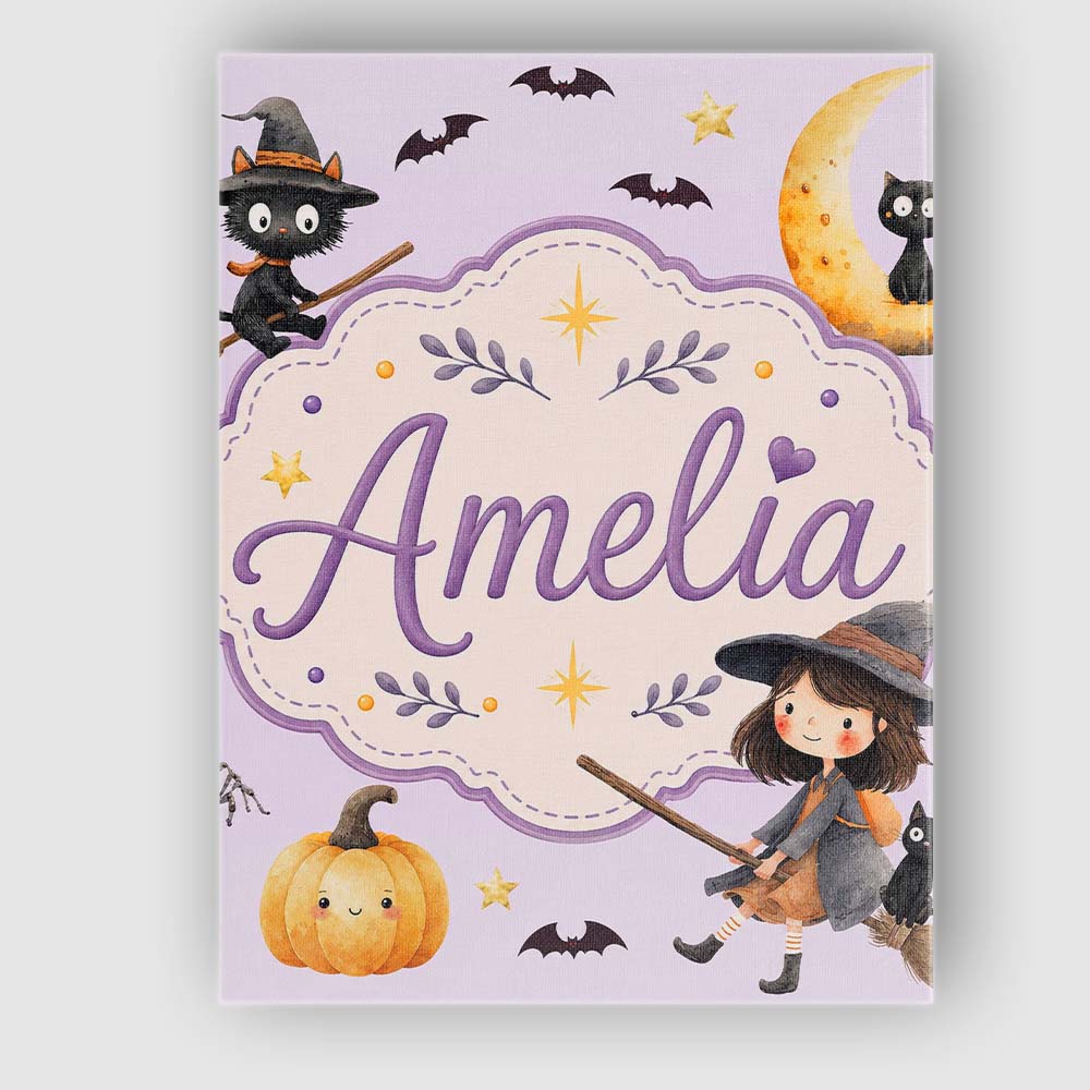 Personalised Name Halloween Witch Cat Moon Custom Unique Gift Idea Elegant Feature Canvas Wall Art Print Decor Picture Ready to Hang