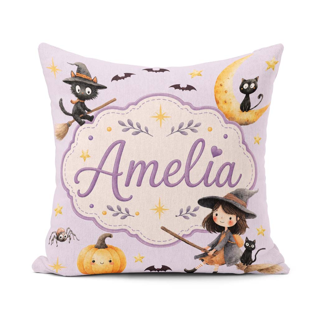 Custom Name Halloween Witch Cat Moon Stars Spooky Night Seamless Square Filled Cushion Throw Pillow Sofa Bed Home Decor Zip Washable UK Made