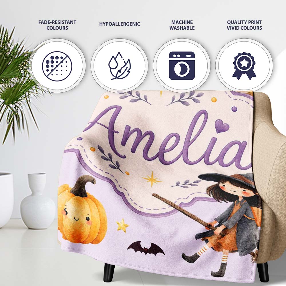 Halloween Witch Cat Moon Stars Spooky Night Lilac Seamless Pattern Personalised Custom Name Super Soft Fleece Blanket Bed Sofa Throw