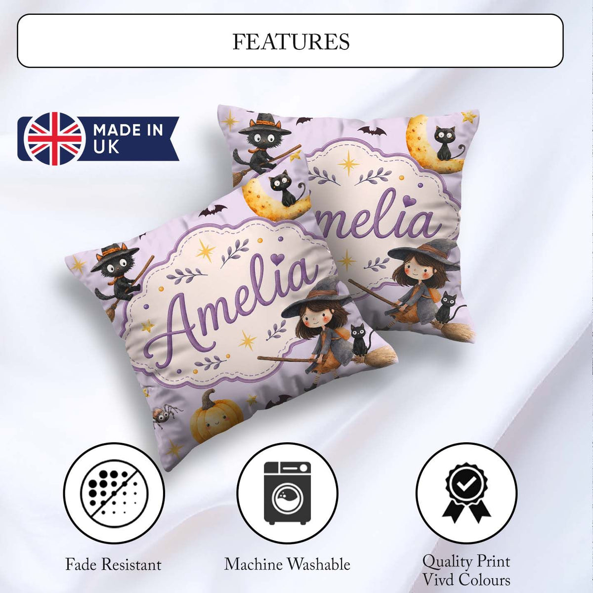 Custom Name Halloween Witch Cat Moon Stars Spooky Night Seamless Square Filled Cushion Throw Pillow Sofa Bed Home Decor Zip Washable UK Made