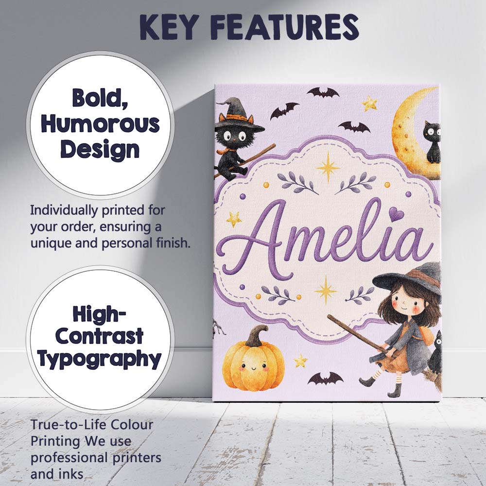 Personalised Name Halloween Witch Cat Moon Custom Unique Gift Idea Elegant Feature Canvas Wall Art Print Decor Picture Ready to Hang