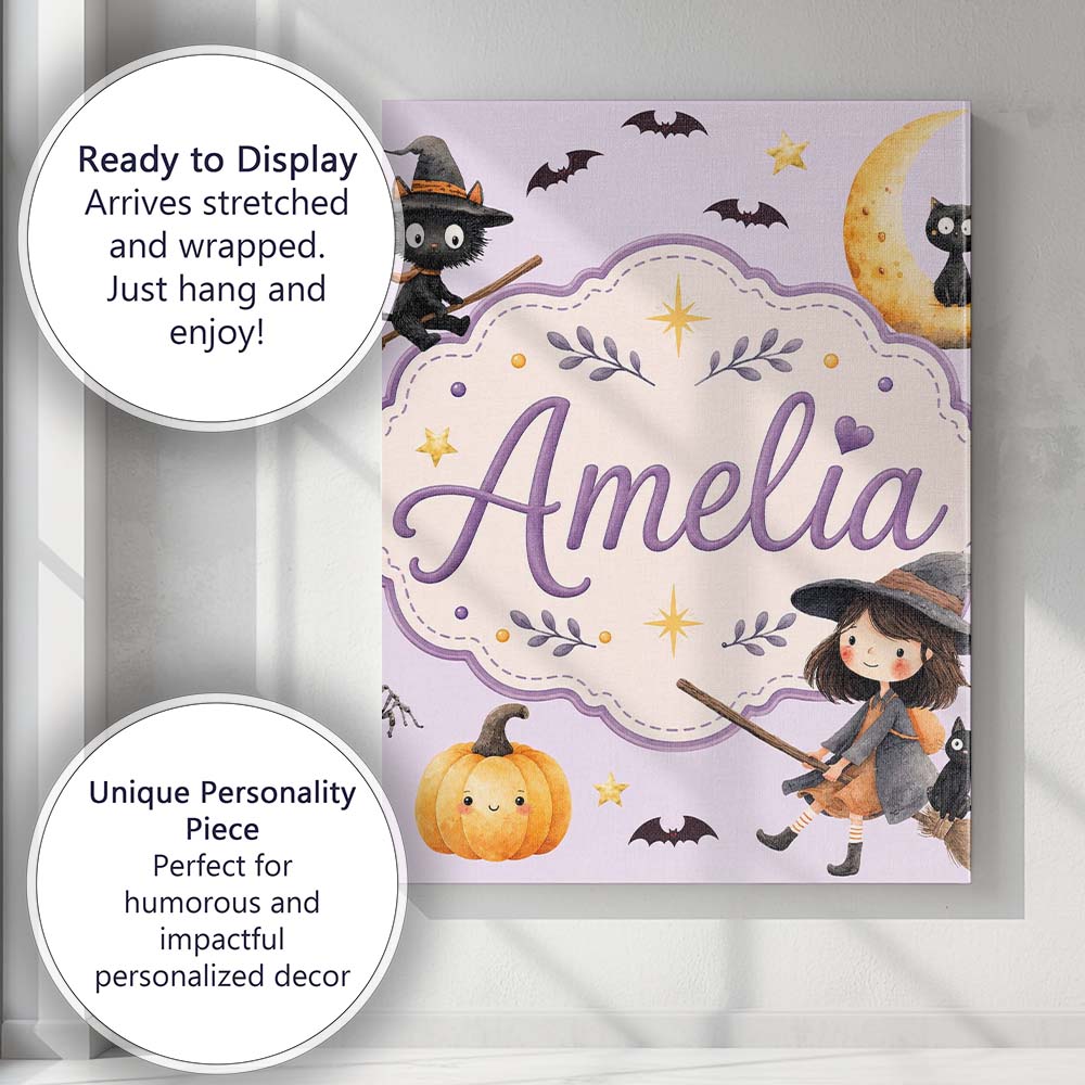 Personalised Name Halloween Witch Cat Moon Custom Unique Gift Idea Elegant Feature Canvas Wall Art Print Decor Picture Ready to Hang